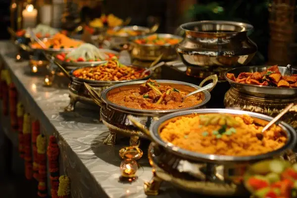 Guests serving themselves from an Indian buffet at a catered event